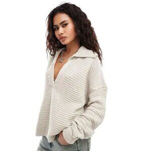 Free People Marlie Deep Ribbed Sweater Size XS Cream Collared V Neck Relaxed
